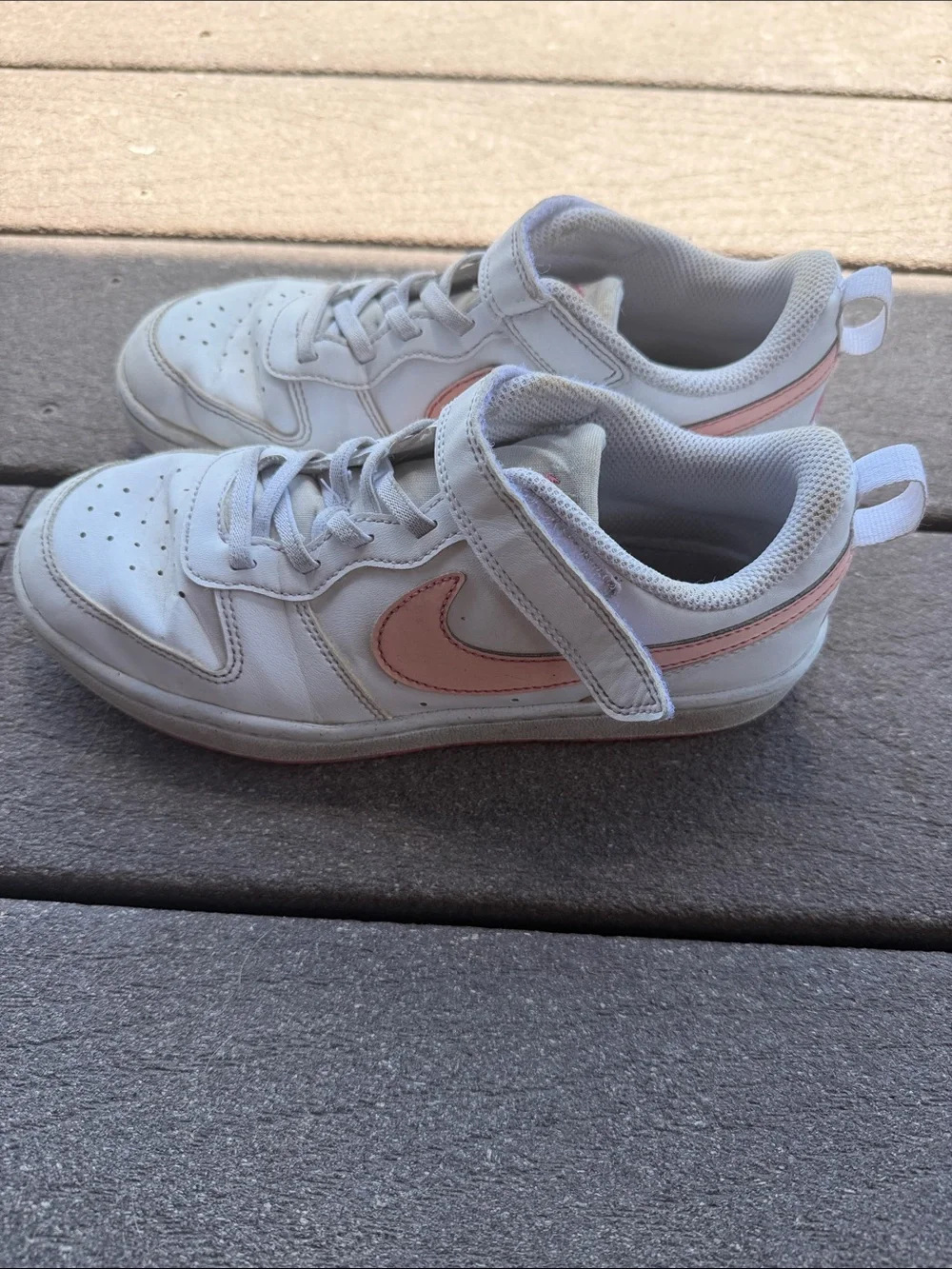 Youth size 3Nike Kids White Sneakers with Pink Swoosh - Velcro Strap